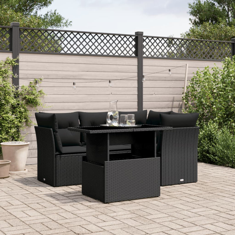 vidaXL 5 Piece Garden Sofa Set with Cushions Black Poly Rattan
