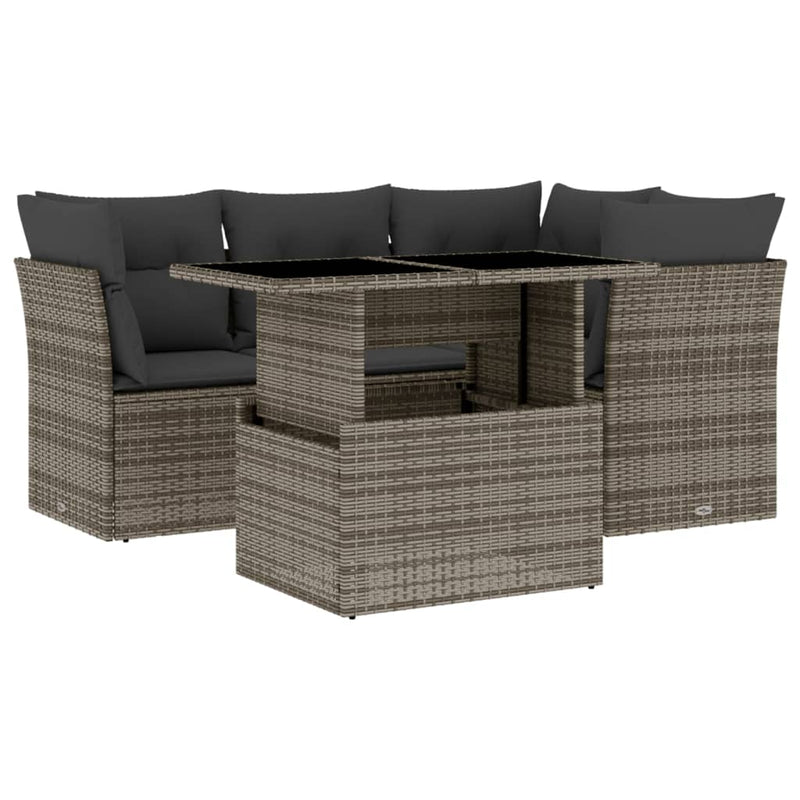 5 Piece Garden Sofa Set with Cushions Grey Poly Rattan