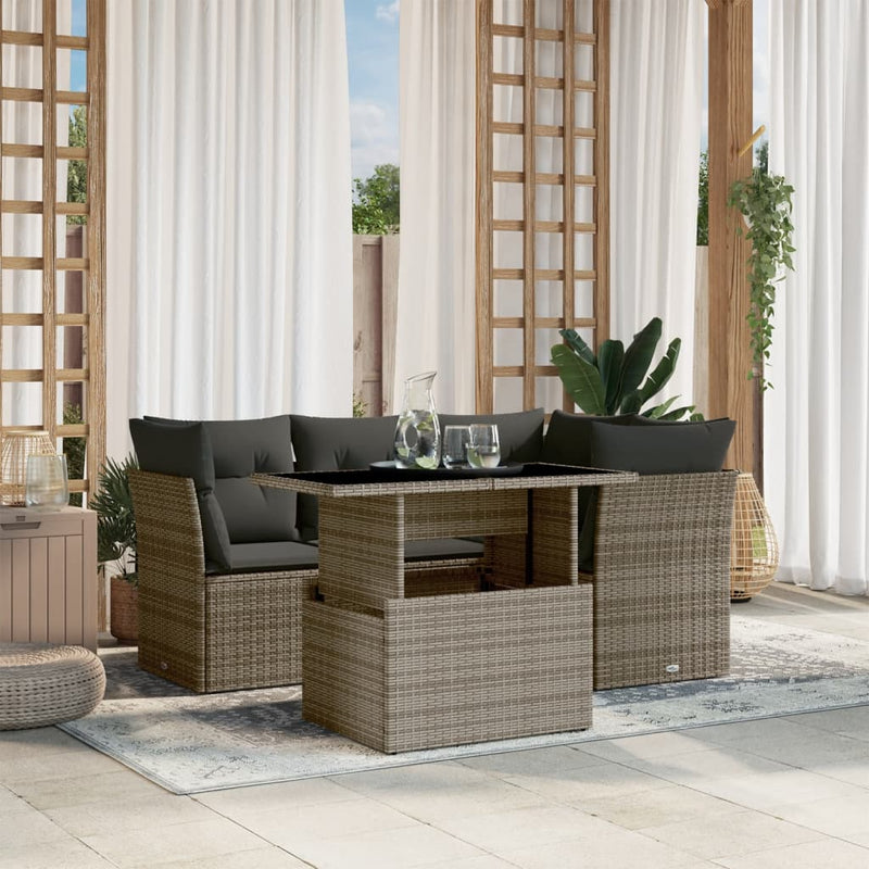 vidaXL 5 Piece Garden Sofa Set with Cushions Grey Poly Rattan