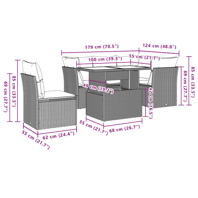 vidaXL 6 Piece Garden Sofa Set with Cushions Grey Poly Rattan