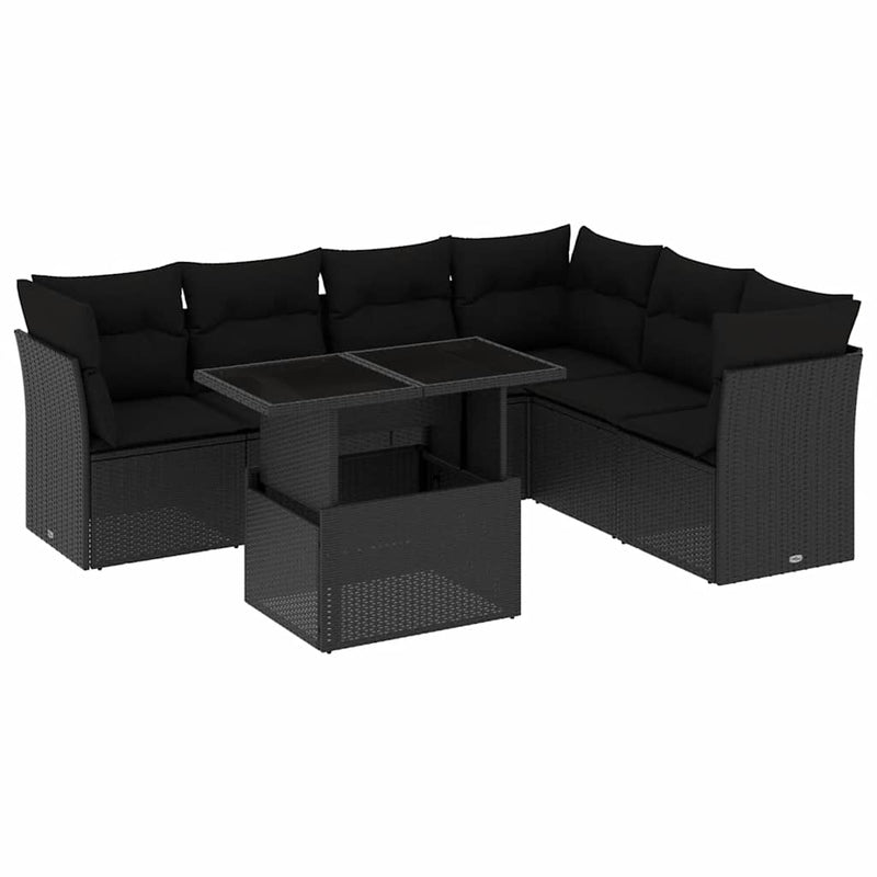 vidaXL 7 Piece Garden Sofa Set with Cushions Black Poly Rattan
