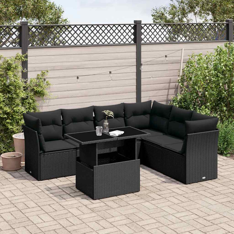 vidaXL 7 Piece Garden Sofa Set with Cushions Black Poly Rattan