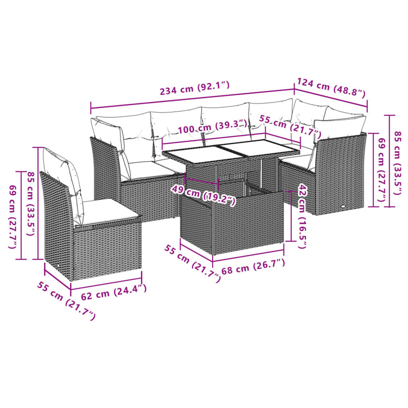 vidaXL 7 Piece Garden Sofa Set with Cushions Grey Poly Rattan