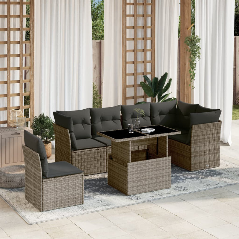vidaXL 7 Piece Garden Sofa Set with Cushions Grey Poly Rattan