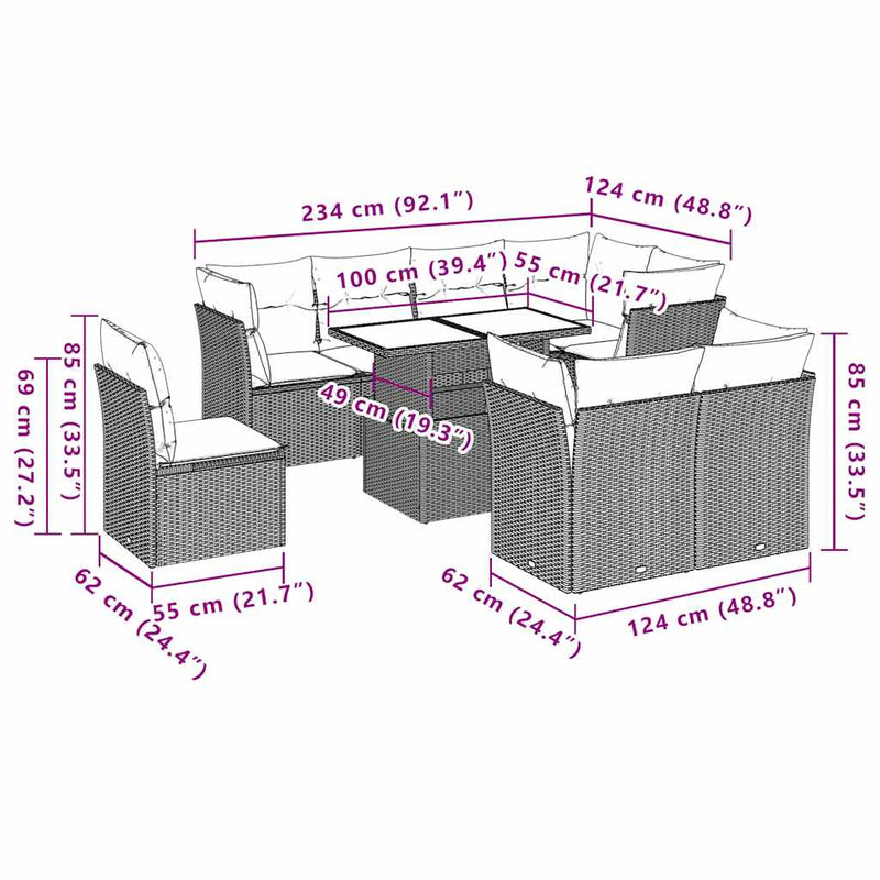 vidaXL 9 Piece Garden Sofa Set with Cushions Black Poly Rattan