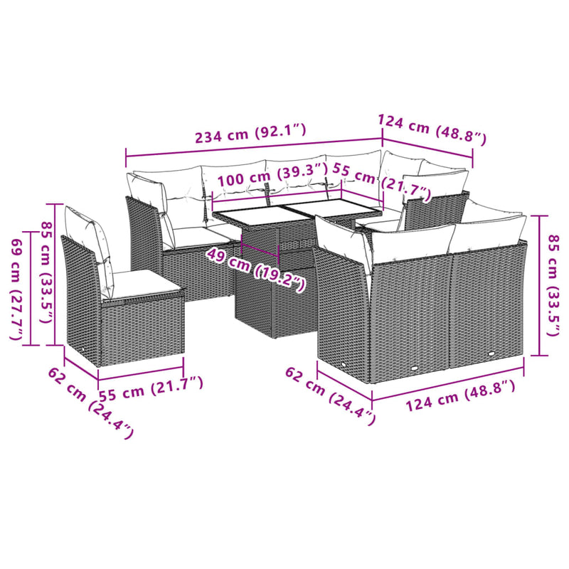 vidaXL 9 Piece Garden Sofa Set with Cushions Grey Poly Rattan