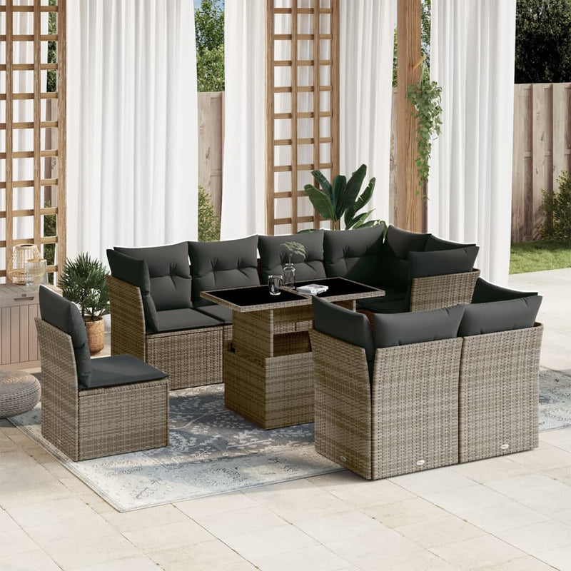 vidaXL 9 Piece Garden Sofa Set with Cushions Grey Poly Rattan