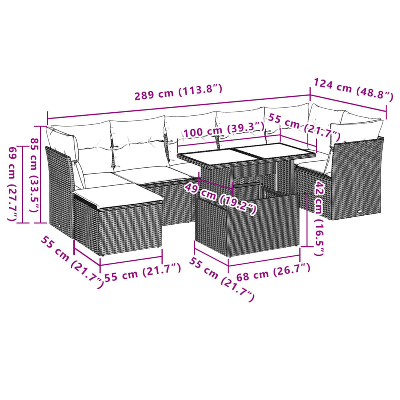 vidaXL 8 Piece Garden Sofa Set with Cushions Grey Poly Rattan