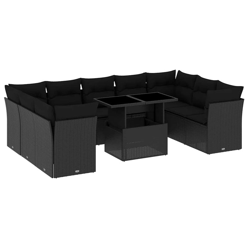 vidaXL 10 Piece Garden Sofa Set with Cushions Black Poly Rattan