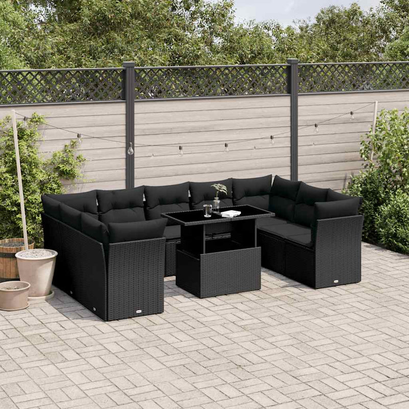 vidaXL 10 Piece Garden Sofa Set with Cushions Black Poly Rattan