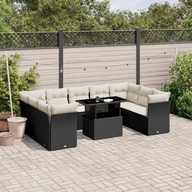 vidaXL 10 Piece Garden Sofa Set with Cushions Black Poly Rattan