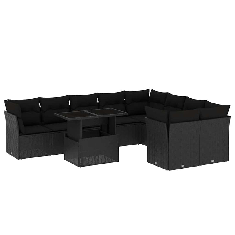 vidaXL 10 Piece Garden Sofa Set with Cushions Black Poly Rattan