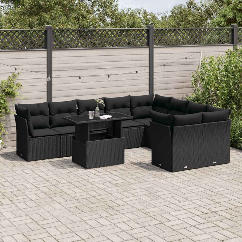 vidaXL 10 Piece Garden Sofa Set with Cushions Black Poly Rattan