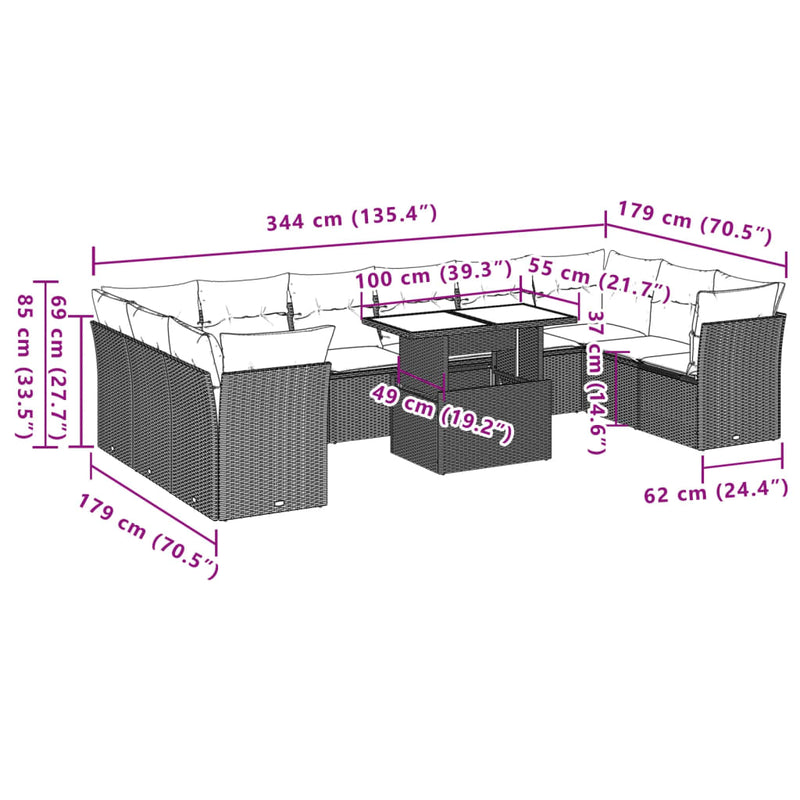 vidaXL 11 Piece Garden Sofa Set with Cushions Grey Poly Rattan