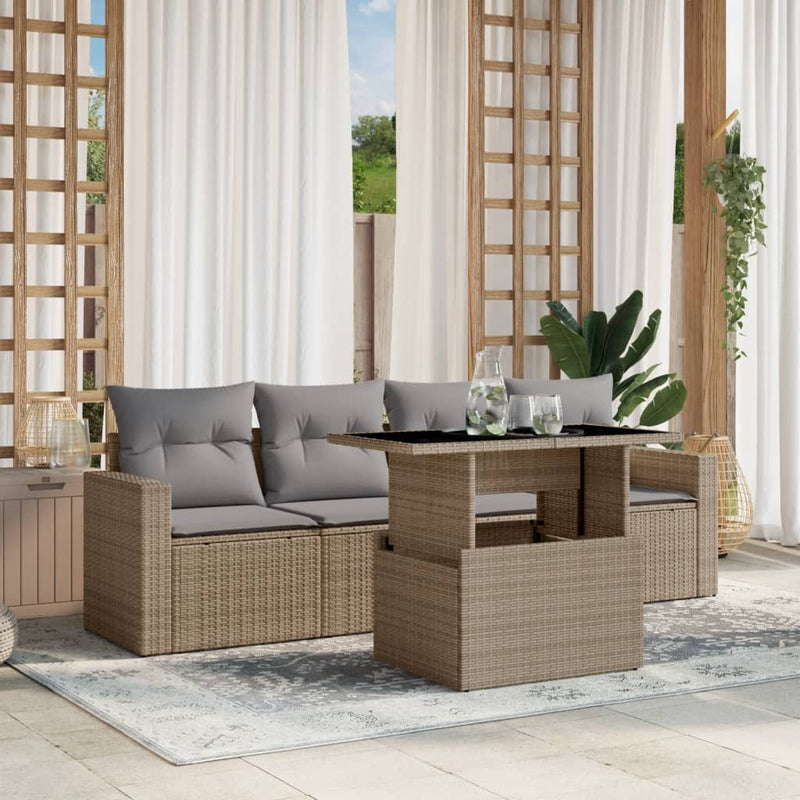 vidaXL 5 Piece Garden Sofa Set with Cushions Beige Poly Rattan