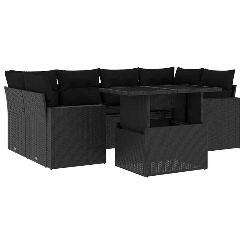 vidaXL 7 Piece Garden Sofa Set with Cushions Black Poly Rattan