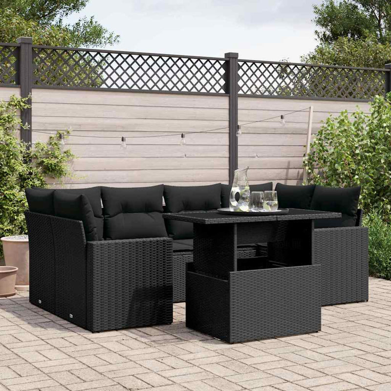 vidaXL 7 Piece Garden Sofa Set with Cushions Black Poly Rattan