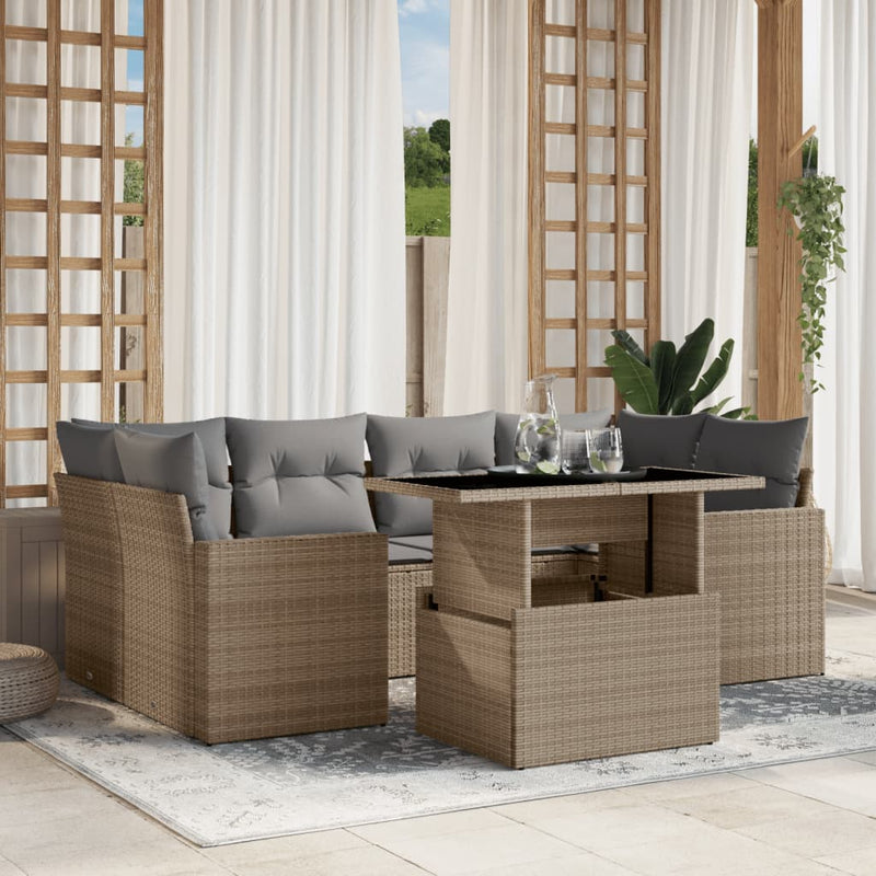 vidaXL 7 Piece Garden Sofa Set with Cushions Beige Poly Rattan