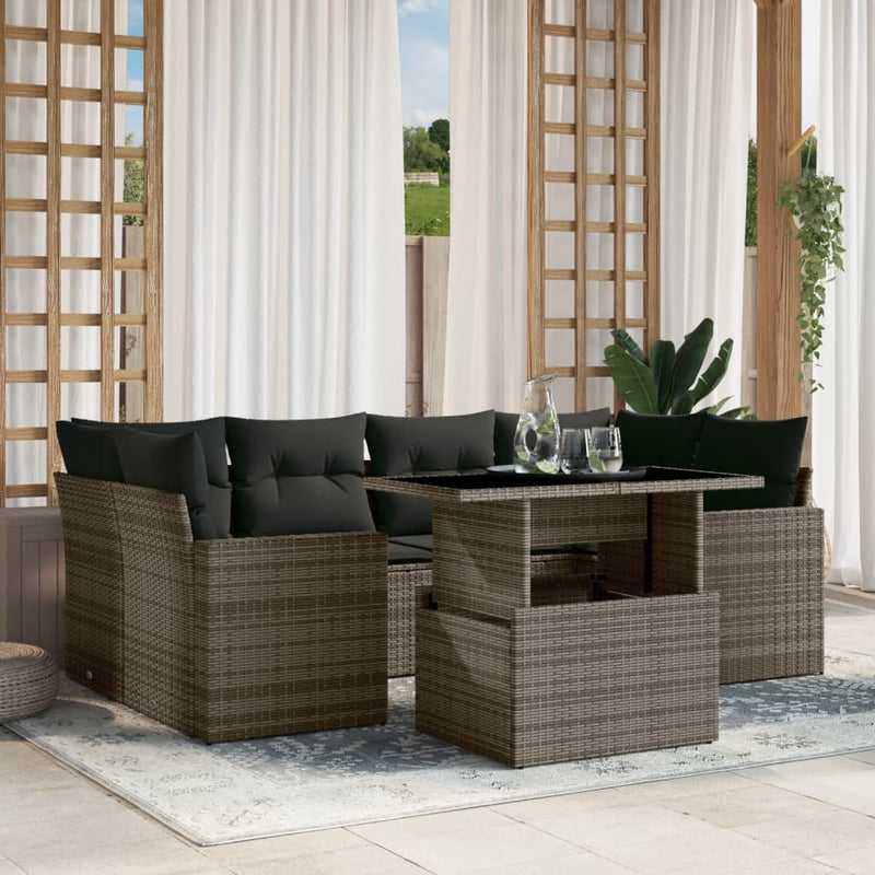 vidaXL 7 Piece Garden Sofa Set with Cushions Grey Poly Rattan
