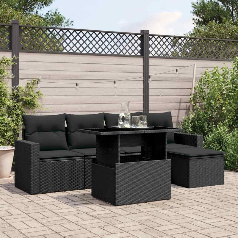 vidaXL 6 Piece Garden Sofa Set with Cushions Black Poly Rattan