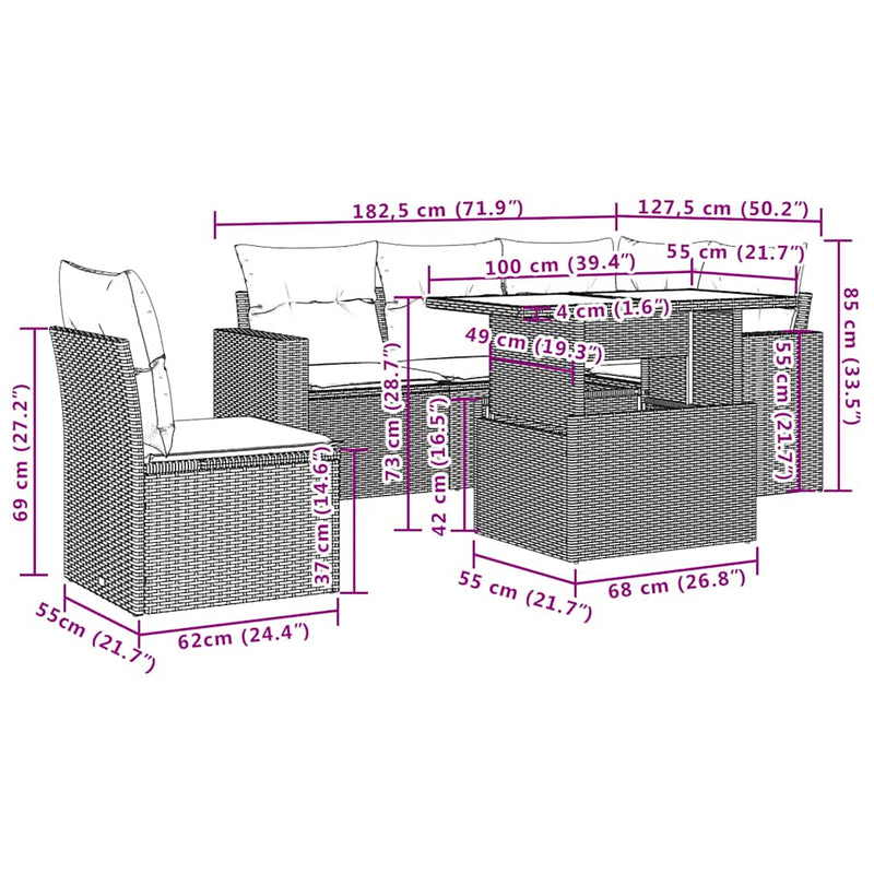 vidaXL 6 Piece Garden Sofa Set with Cushions Black Poly Rattan