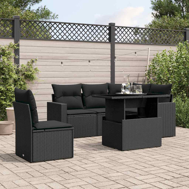 vidaXL 6 Piece Garden Sofa Set with Cushions Black Poly Rattan