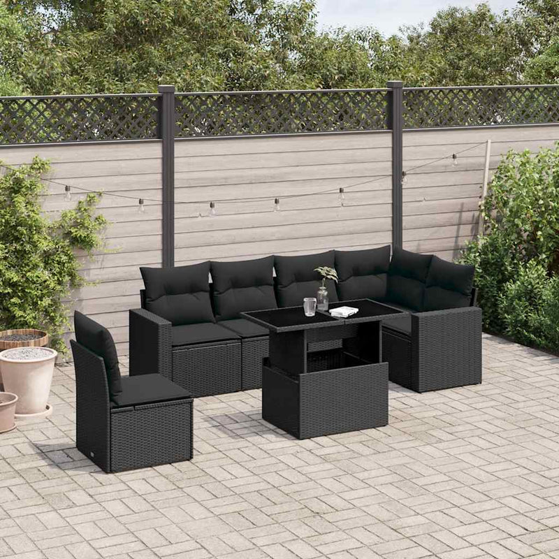 vidaXL 7 Piece Garden Sofa Set with Cushions Black Poly Rattan