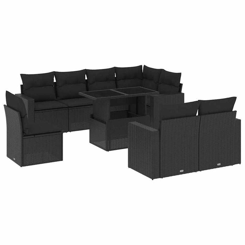 vidaXL 9 Piece Garden Sofa Set with Cushions Black Poly Rattan