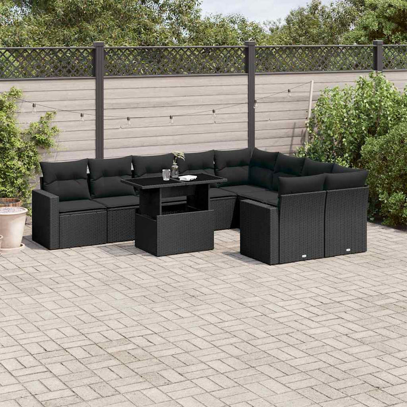 vidaXL 10 Piece Garden Sofa Set with Cushions Black Poly Rattan