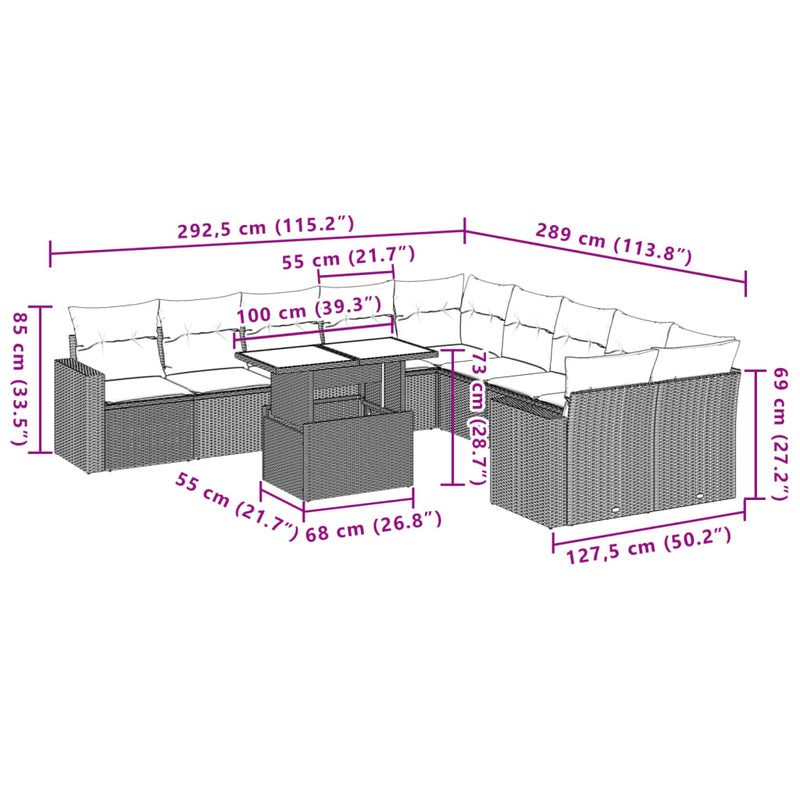 vidaXL 11 Piece Garden Sofa Set with Cushions Grey Poly Rattan
