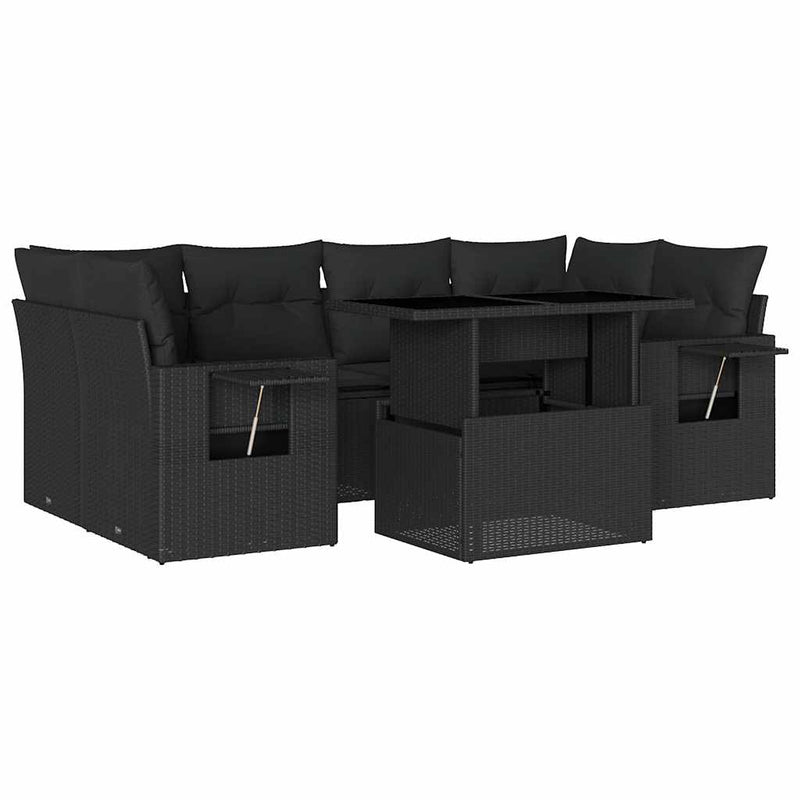 vidaXL 7 Piece Garden Sofa Set with Cushions Black Poly Rattan
