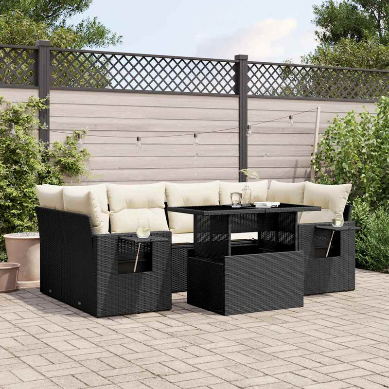 vidaXL 7 Piece Garden Sofa Set with Cushions Black Poly Rattan
