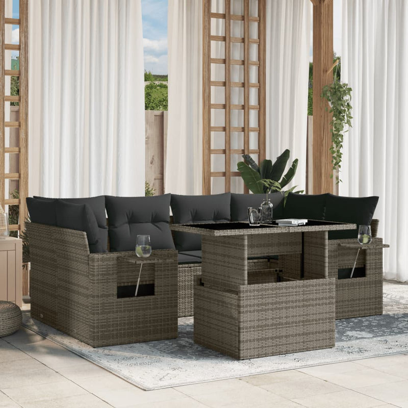 7 Piece Garden Sofa Set with Cushions Grey Poly Rattan