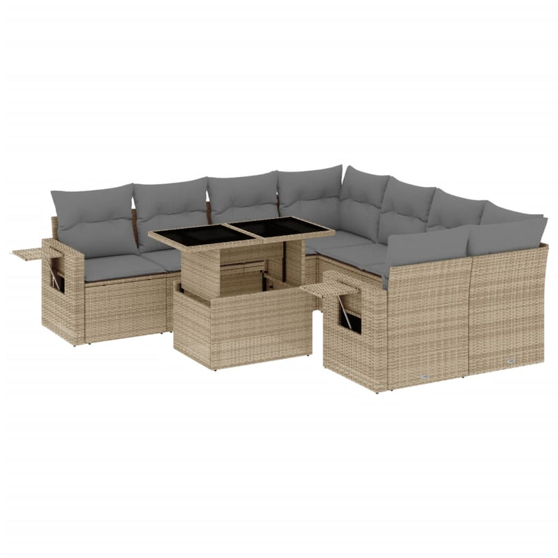 9 Piece Garden Sofa Set with Cushions Beige Poly Rattan