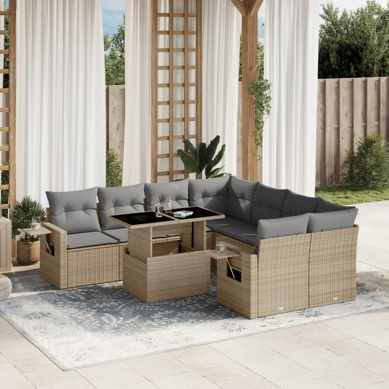 9 Piece Garden Sofa Set with Cushions Beige Poly Rattan