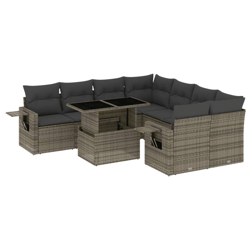 9 Piece Garden Sofa Set with Cushions Grey Poly Rattan