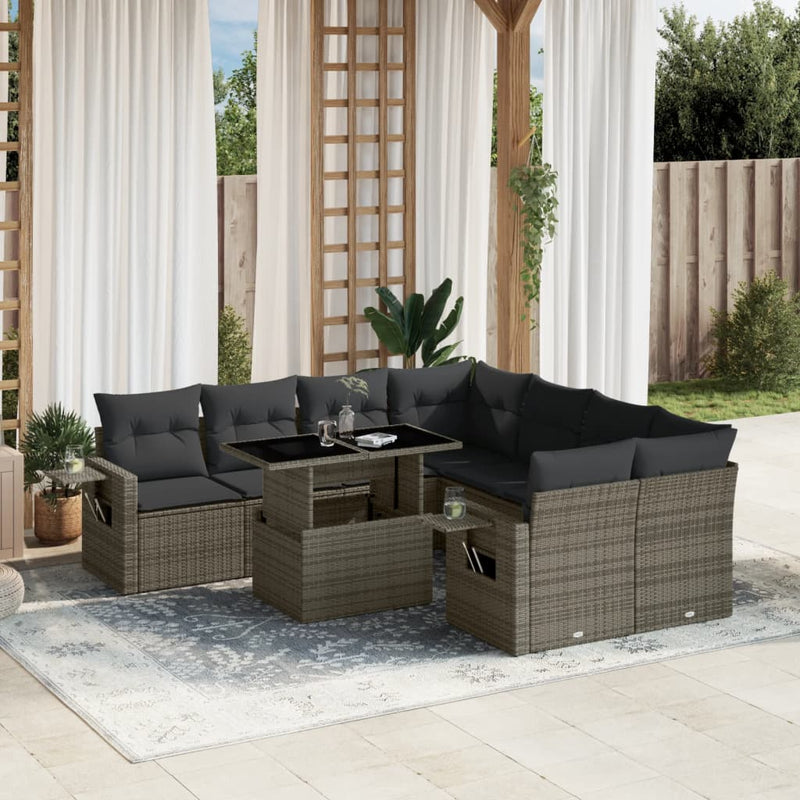 9 Piece Garden Sofa Set with Cushions Grey Poly Rattan