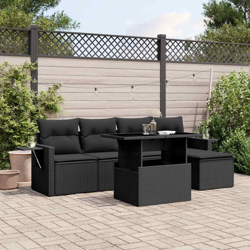 vidaXL 6 Piece Garden Sofa Set with Cushions Black Poly Rattan