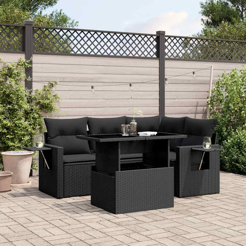 vidaXL 5 Piece Garden Sofa Set with Cushions Black Poly Rattan