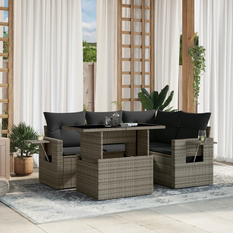 5 Piece Garden Sofa Set with Cushions Grey Poly Rattan