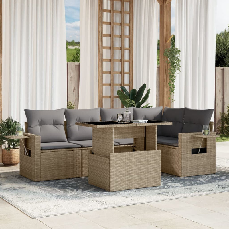 6 Piece Garden Sofa Set with Cushions Beige Poly Rattan