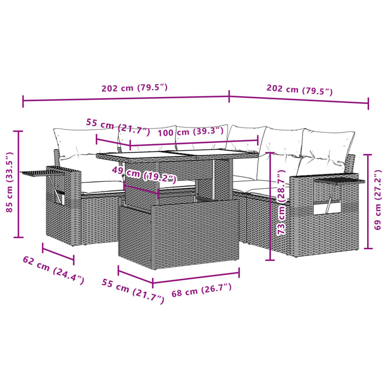 vidaXL 6 Piece Garden Sofa Set with Cushions Grey Poly Rattan