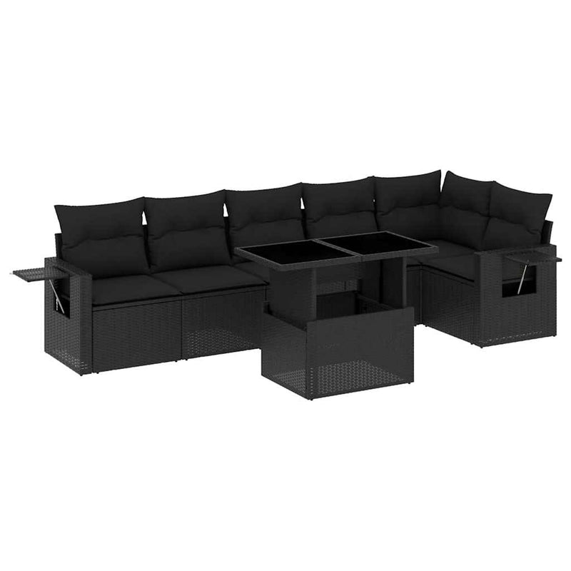 vidaXL 7 Piece Garden Sofa Set with Cushions Black Poly Rattan
