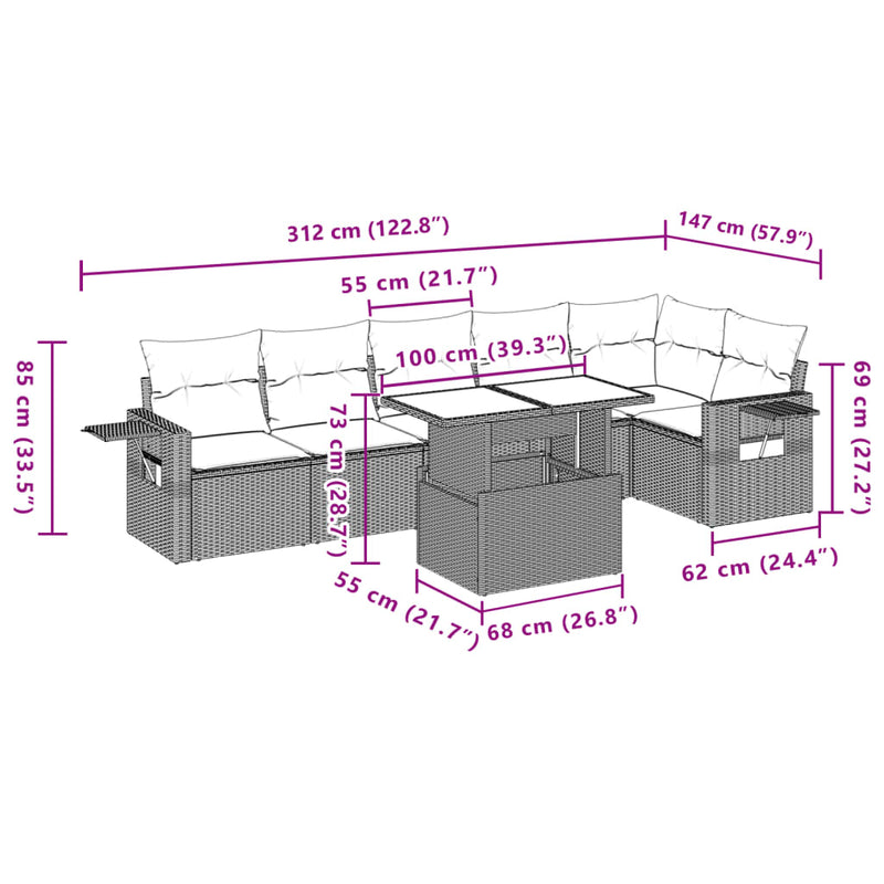 vidaXL 7 Piece Garden Sofa Set with Cushions Grey Poly Rattan