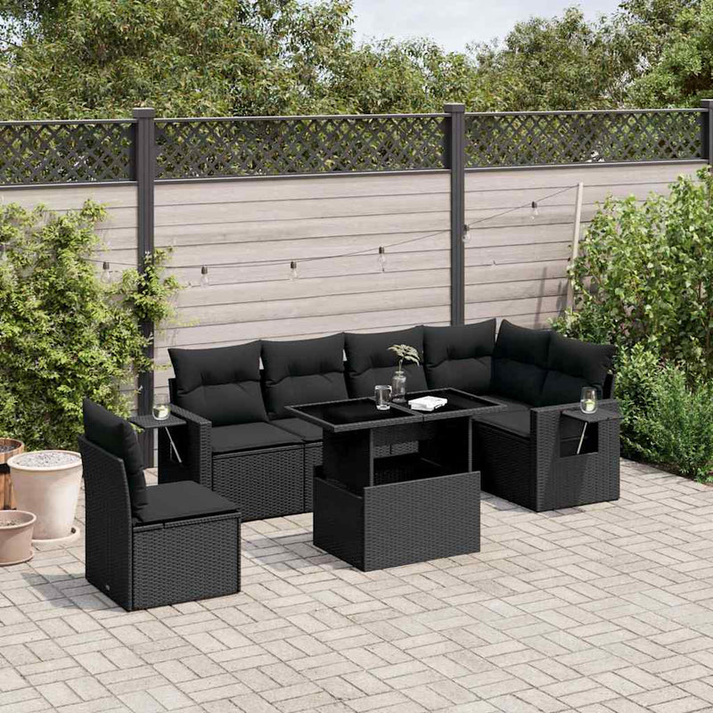 vidaXL 7 Piece Garden Sofa Set with Cushions Black Poly Rattan