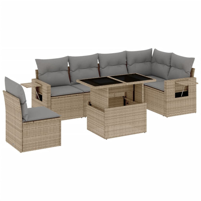 7 Piece Garden Sofa Set with Cushions Beige Poly Rattan