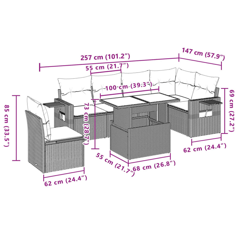 7 Piece Garden Sofa Set with Cushions Grey Poly Rattan