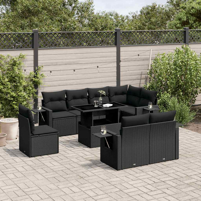 vidaXL 9 Piece Garden Sofa Set with Cushions Black Poly Rattan