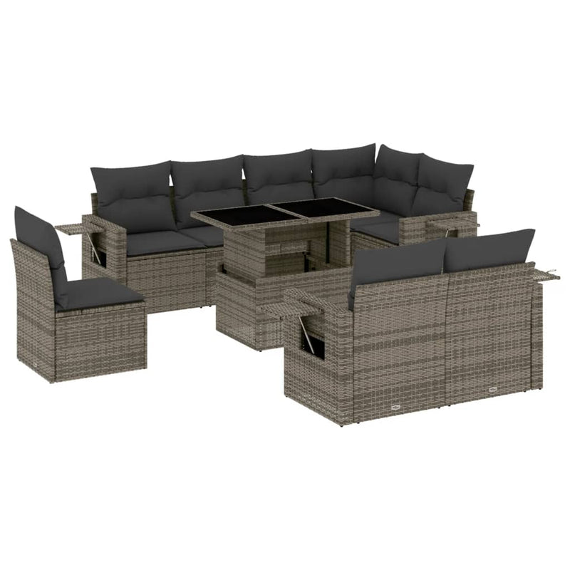 9 Piece Garden Sofa Set with Cushions Grey Poly Rattan