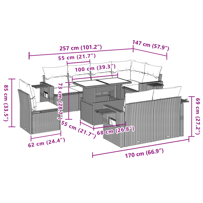 vidaXL 9 Piece Garden Sofa Set with Cushions Grey Poly Rattan